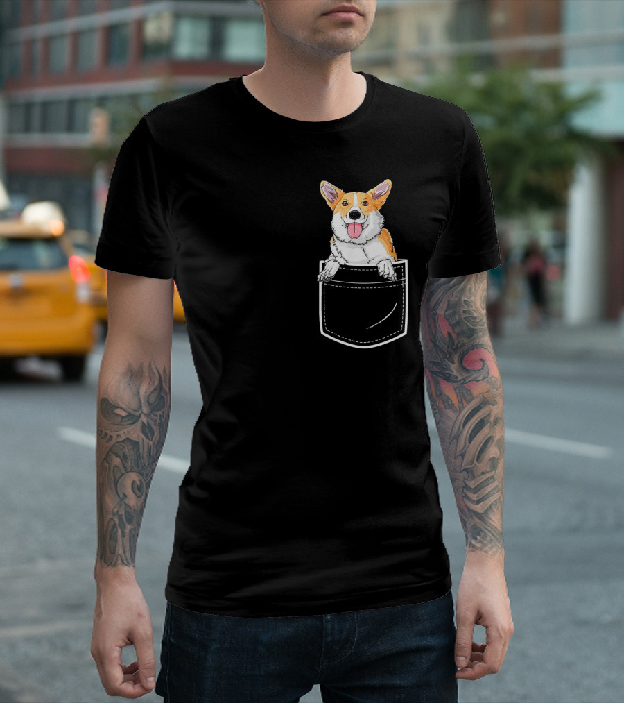 Corgi Pops Out Playfully From Front Pocket T-Shirt