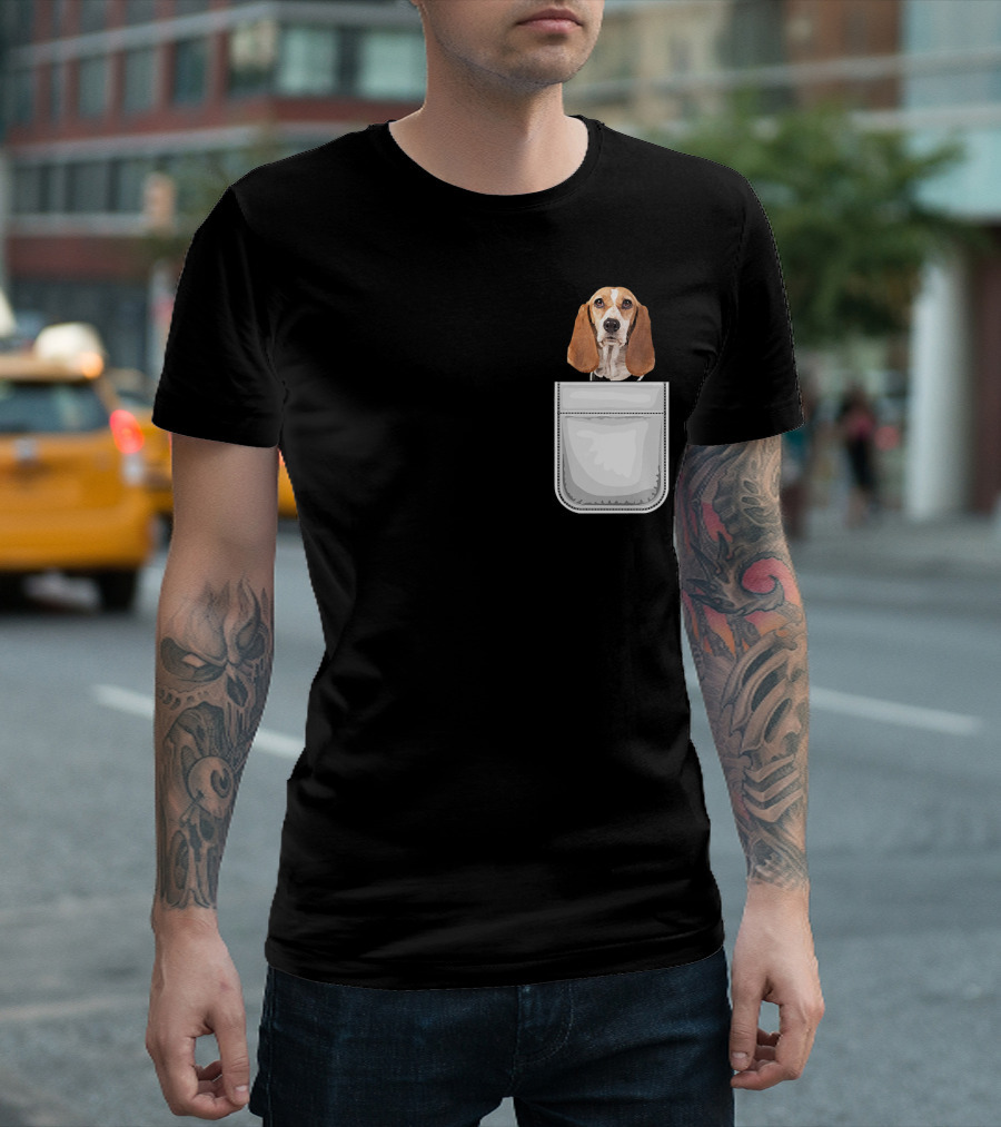 Basset Hound Puppy Dog Head Peeking Out Of Pocket T-Shirt