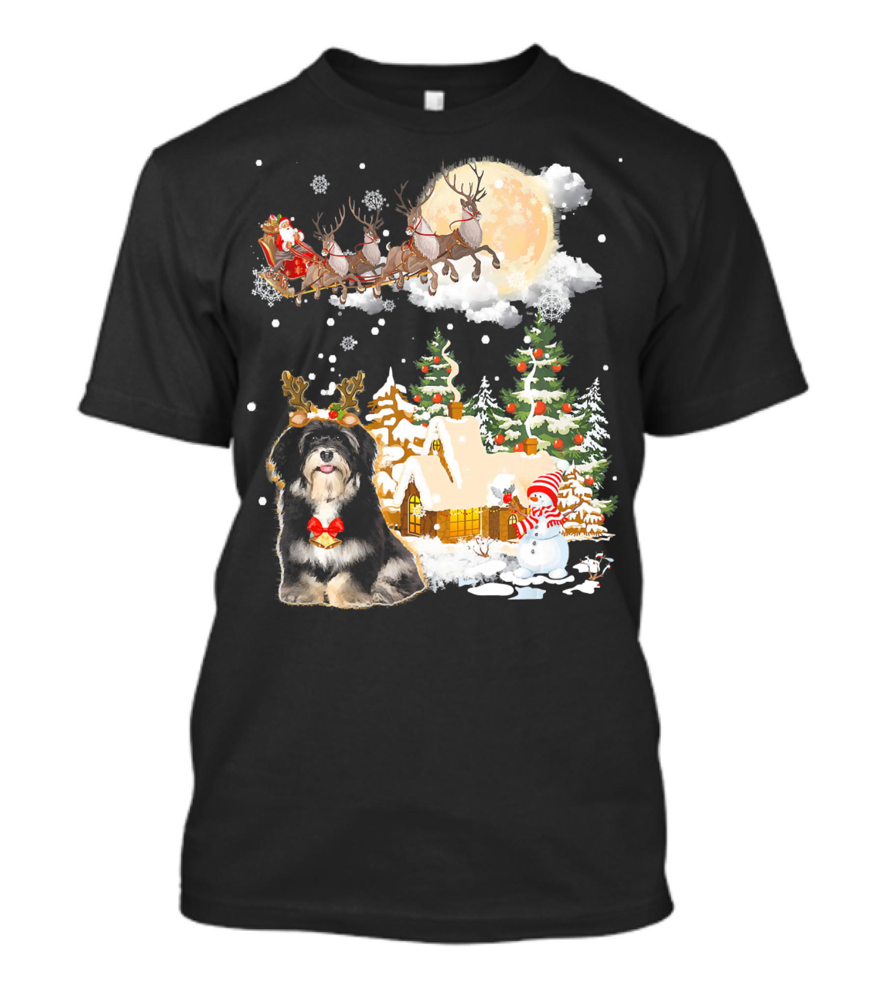 Havanese Comes To Town Santa Sleigh Reindeer Christmas Scene T-Shirt