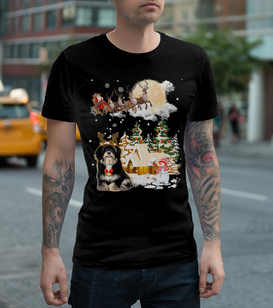 Havanese Comes To Town Santa Sleigh Reindeer Christmas Scene T-Shirt