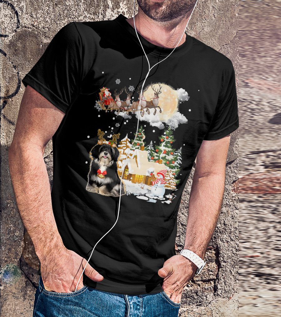 Havanese Comes To Town Santa Sleigh Reindeer Christmas Scene T-Shirt