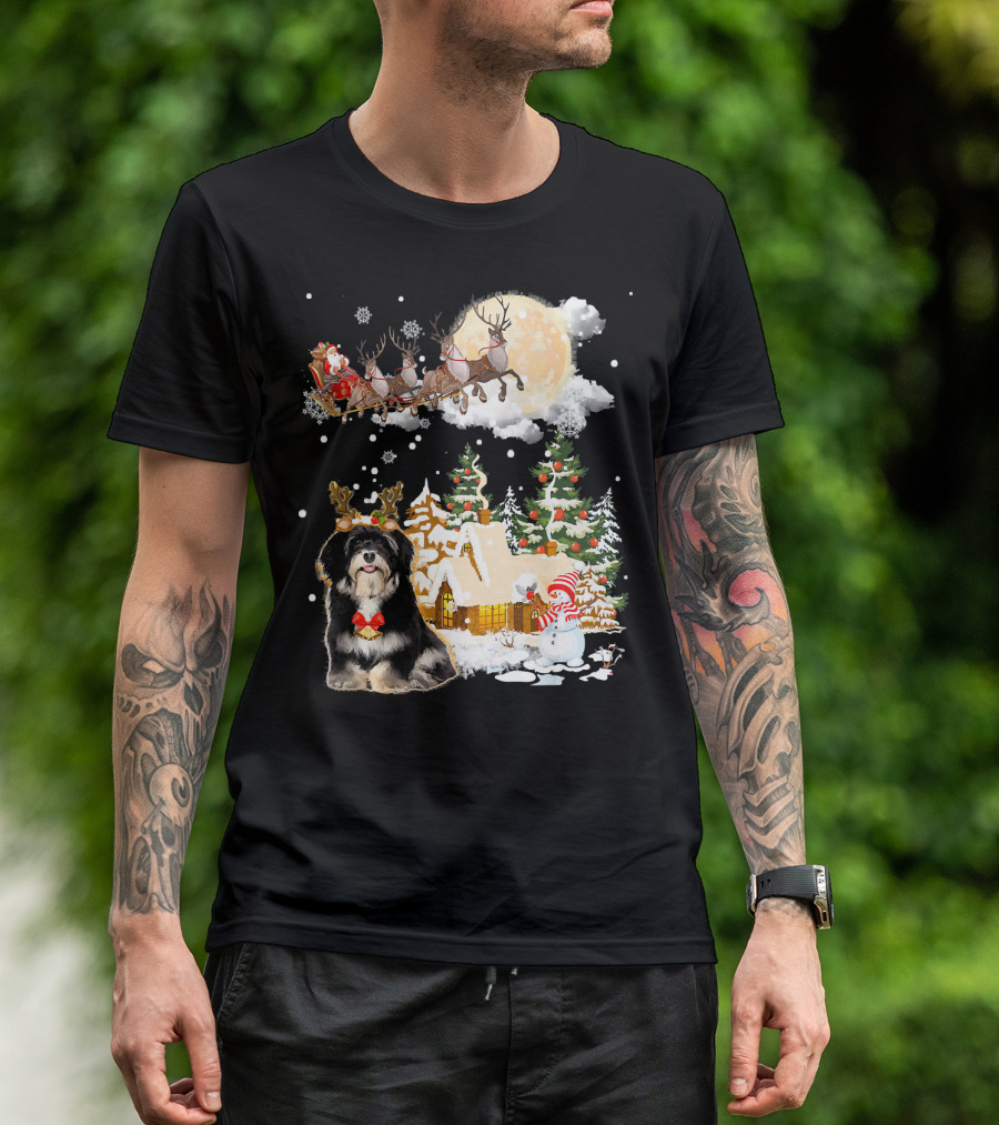 Havanese Comes To Town Santa Sleigh Reindeer Christmas Scene T-Shirt