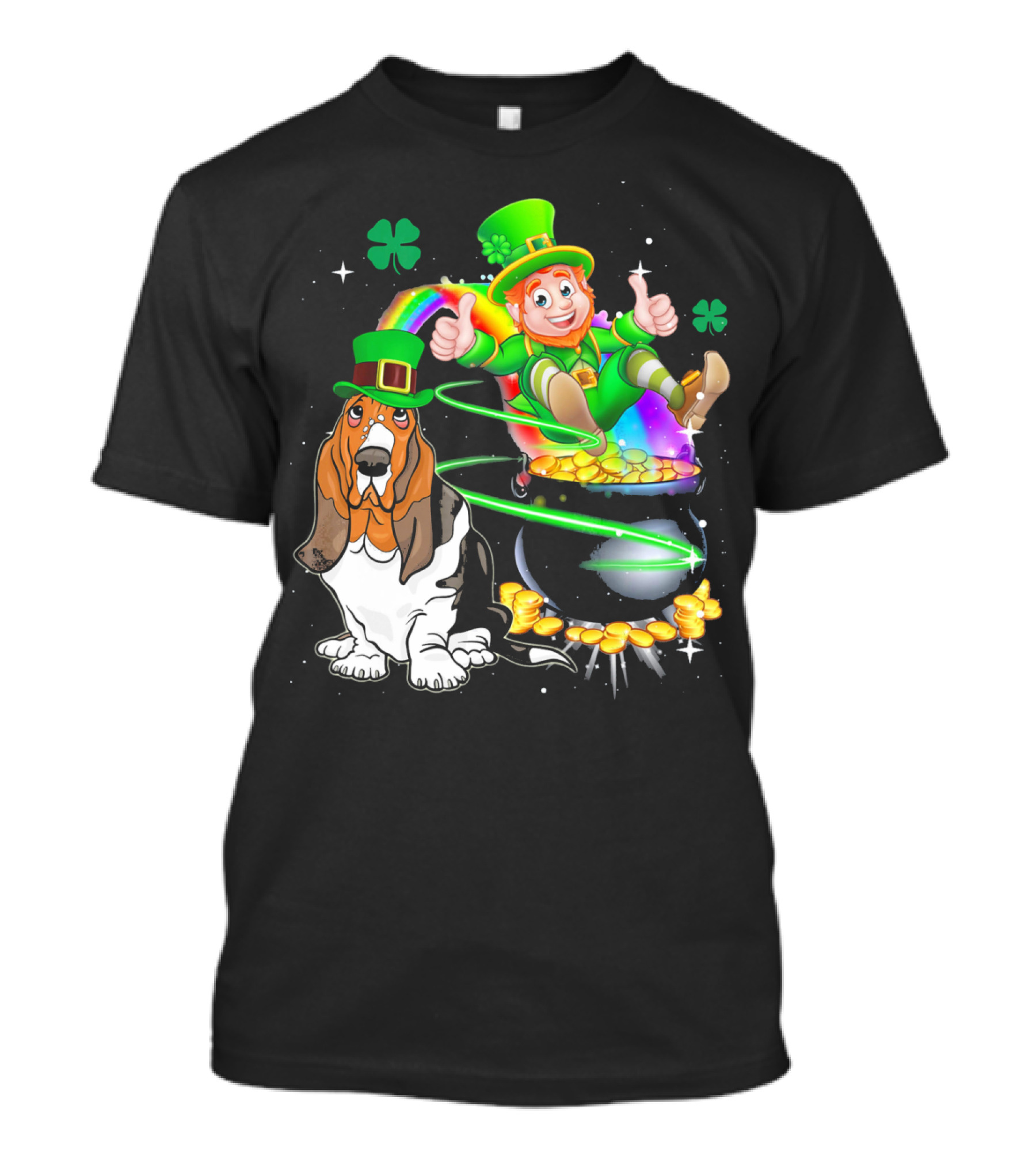 Leprechaun Basset Hound St Patrick's Day Rainbow Pot Of Gold T-Shirt