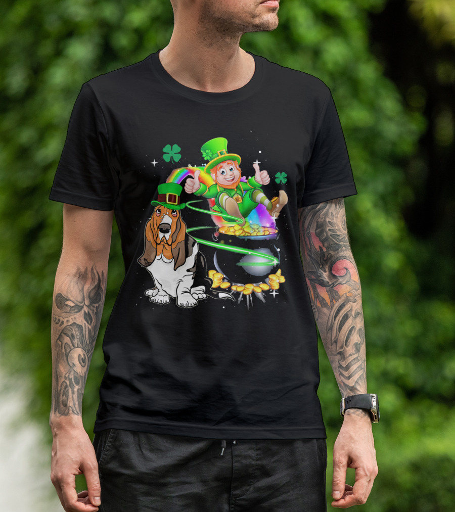 Leprechaun Basset Hound St Patrick's Day Rainbow Pot Of Gold T-Shirt