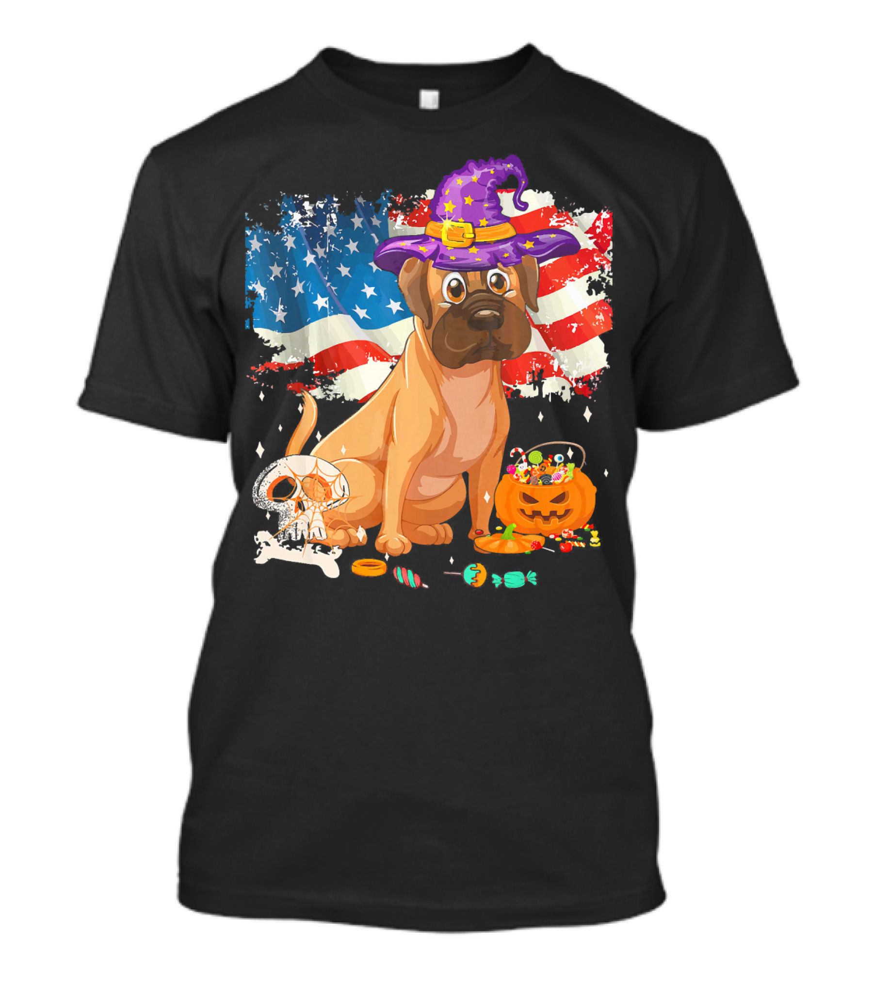 Funny English Mastiff Dog With Witch Hat And Halloween Candy On American Flag T-Shirt