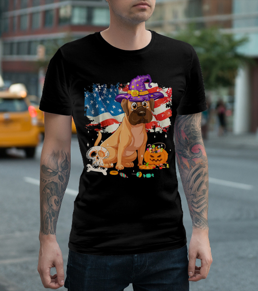 Funny English Mastiff Dog With Witch Hat And Halloween Candy On American Flag T-Shirt