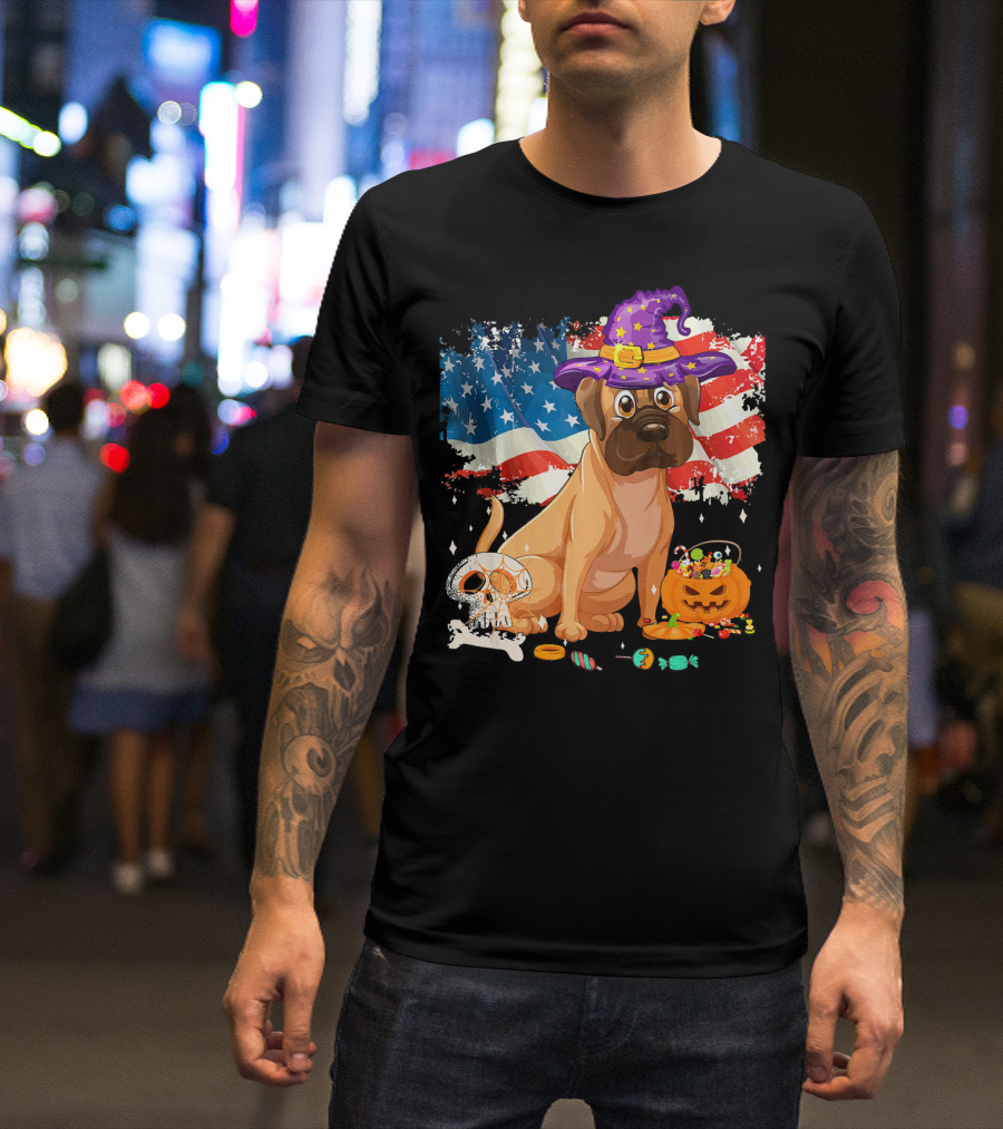Funny English Mastiff Dog With Witch Hat And Halloween Candy On American Flag T-Shirt