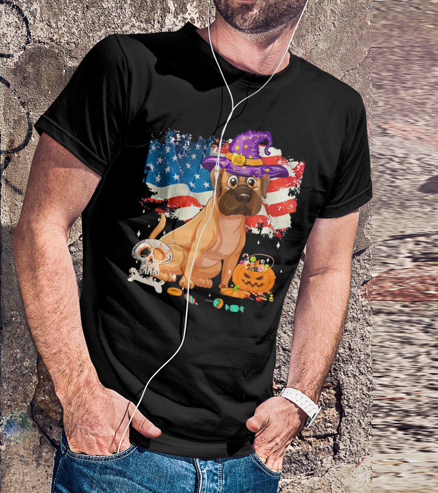Funny English Mastiff Dog With Witch Hat And Halloween Candy On American Flag T-Shirt