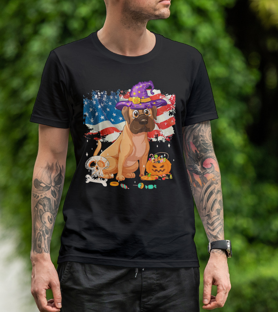 Funny English Mastiff Dog With Witch Hat And Halloween Candy On American Flag T-Shirt
