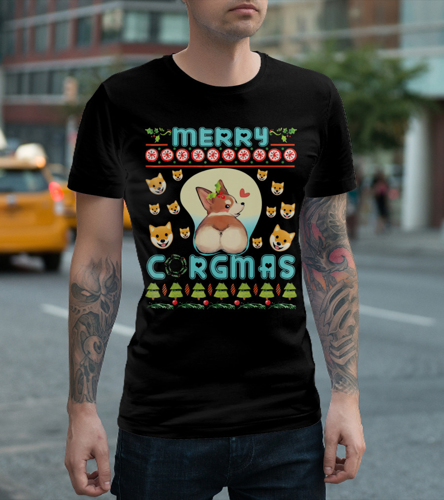 Merry Corgmas Corgi Christmas Co Cute Dog Trees Snowflakes Holiday T-Shirt