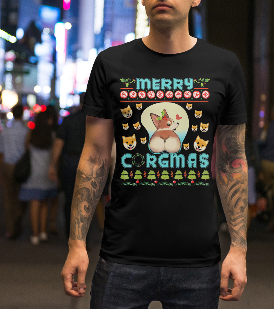 Merry Corgmas Corgi Christmas Co Cute Dog Trees Snowflakes Holiday T-Shirt