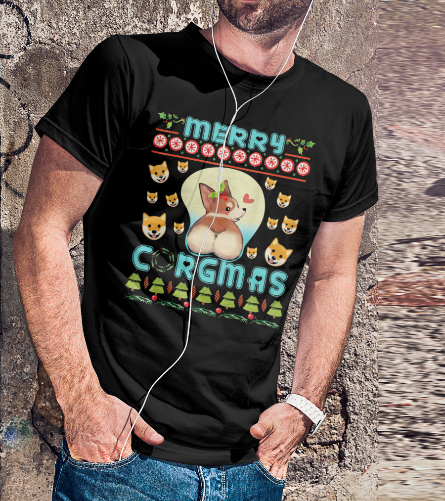 Merry Corgmas Corgi Christmas Co Cute Dog Trees Snowflakes Holiday T-Shirt