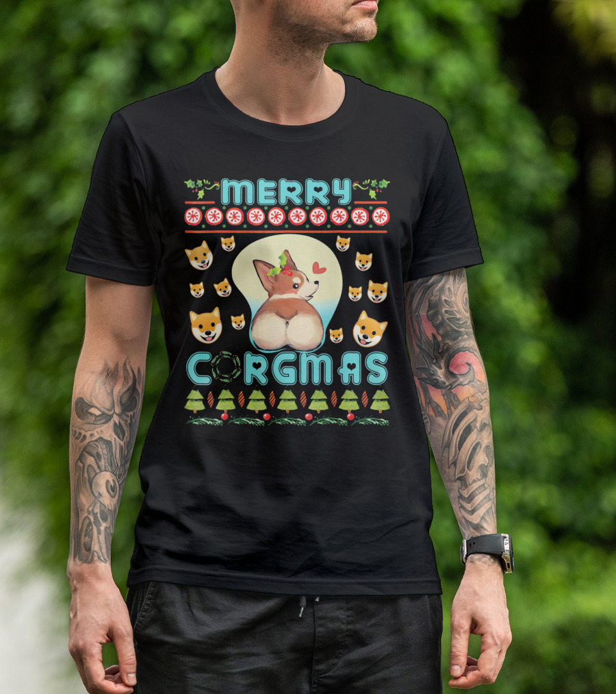 Merry Corgmas Corgi Christmas Co Cute Dog Trees Snowflakes Holiday T-Shirt