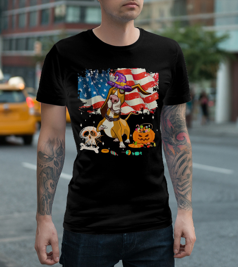 Halloween Basset Hound with Witch Hat and Candy in Front of American Flag T-Shirt