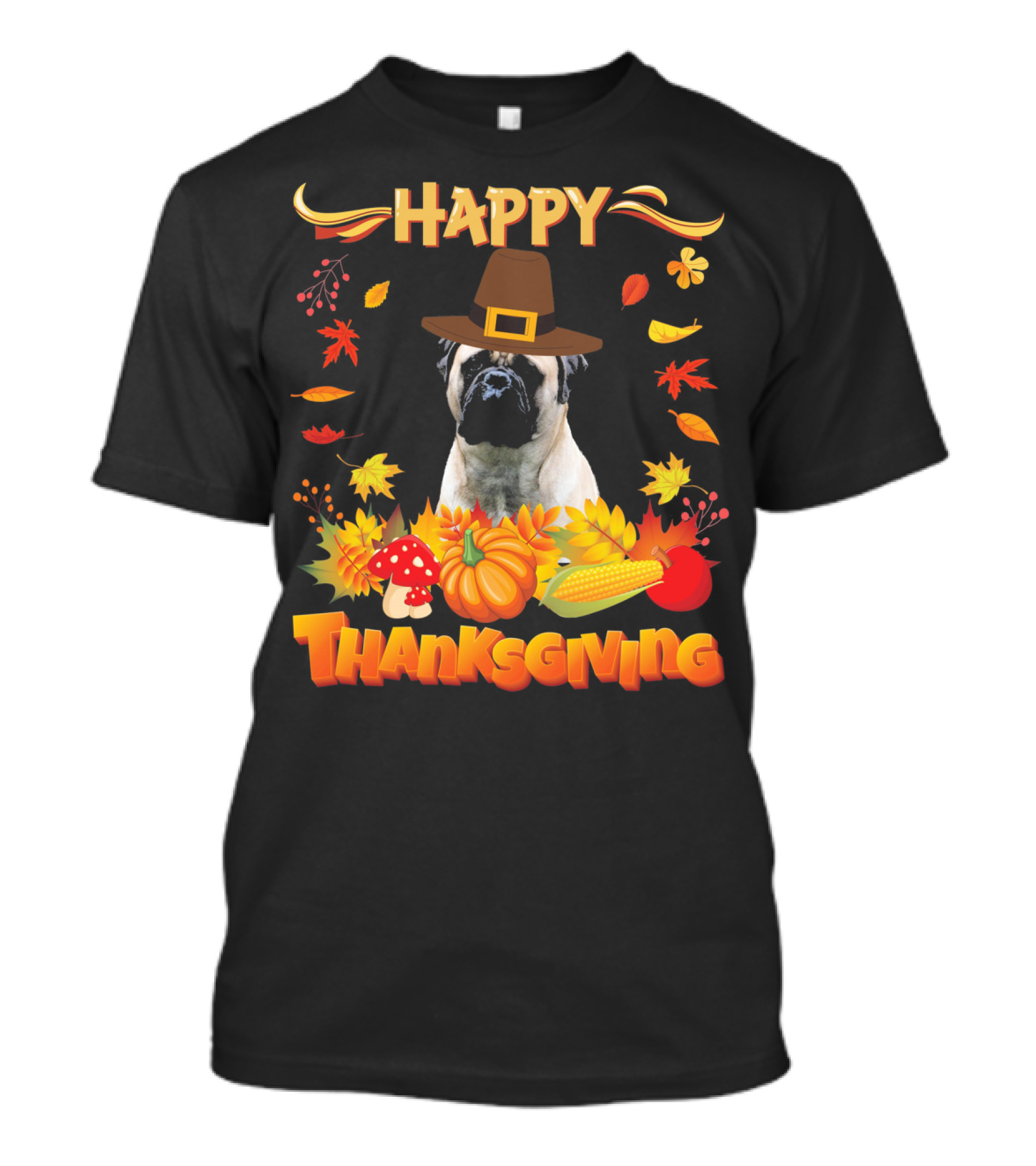 Thanksgiving Bullmastiff In Pilgrim Hat With Autumn Leaves And Harvest Elements T-Shirt