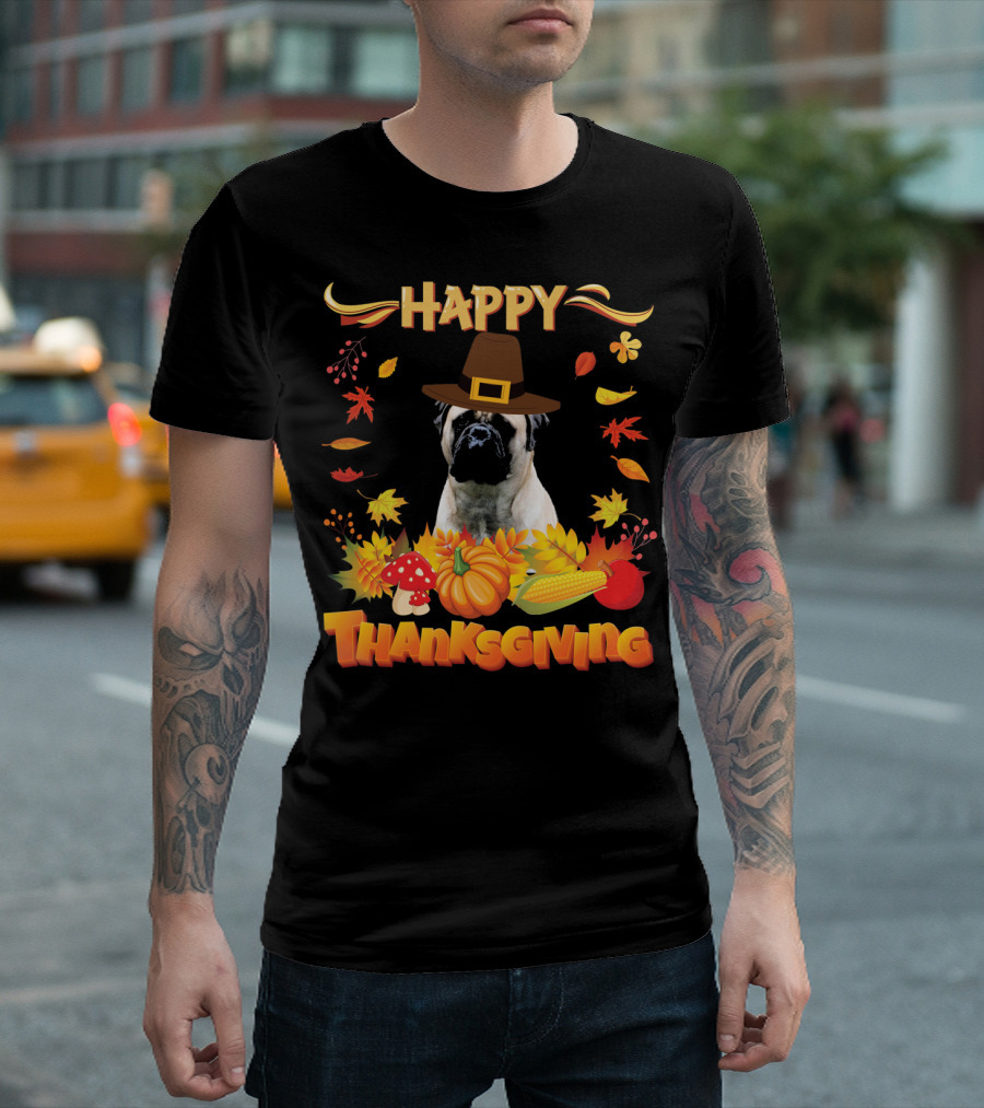 Thanksgiving Bullmastiff In Pilgrim Hat With Autumn Leaves And Harvest Elements T-Shirt