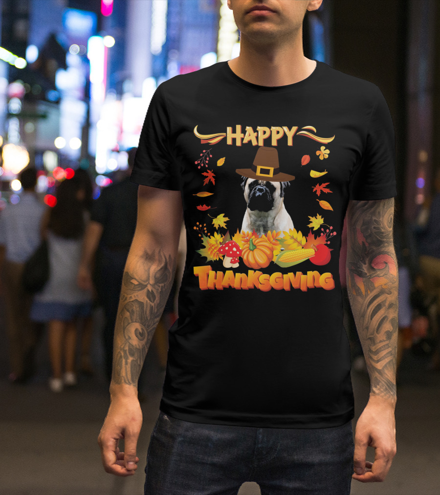 Thanksgiving Bullmastiff In Pilgrim Hat With Autumn Leaves And Harvest Elements T-Shirt