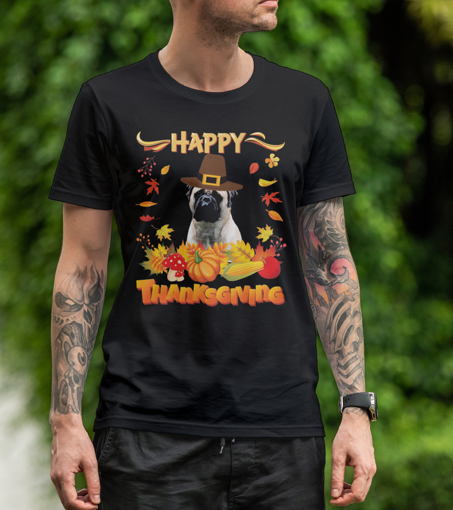 Thanksgiving Bullmastiff In Pilgrim Hat With Autumn Leaves And Harvest Elements T-Shirt