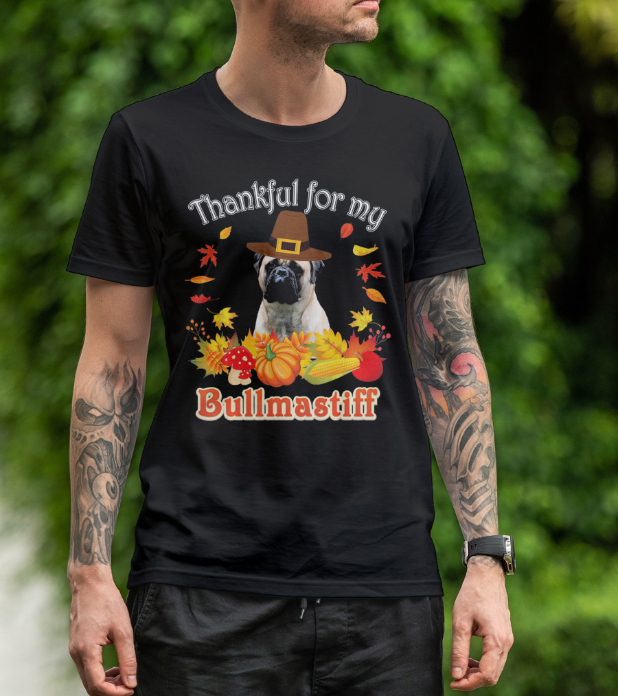 Thankful For My Bullmastiff Thanksgiving Autumn Leaves Harvest Hat T-Shirt