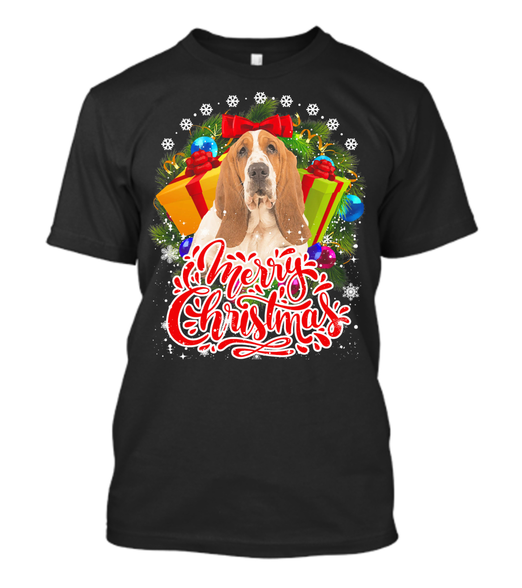 Merry Christmas Basset Hound With Presents And Snowflakes T-Shirt