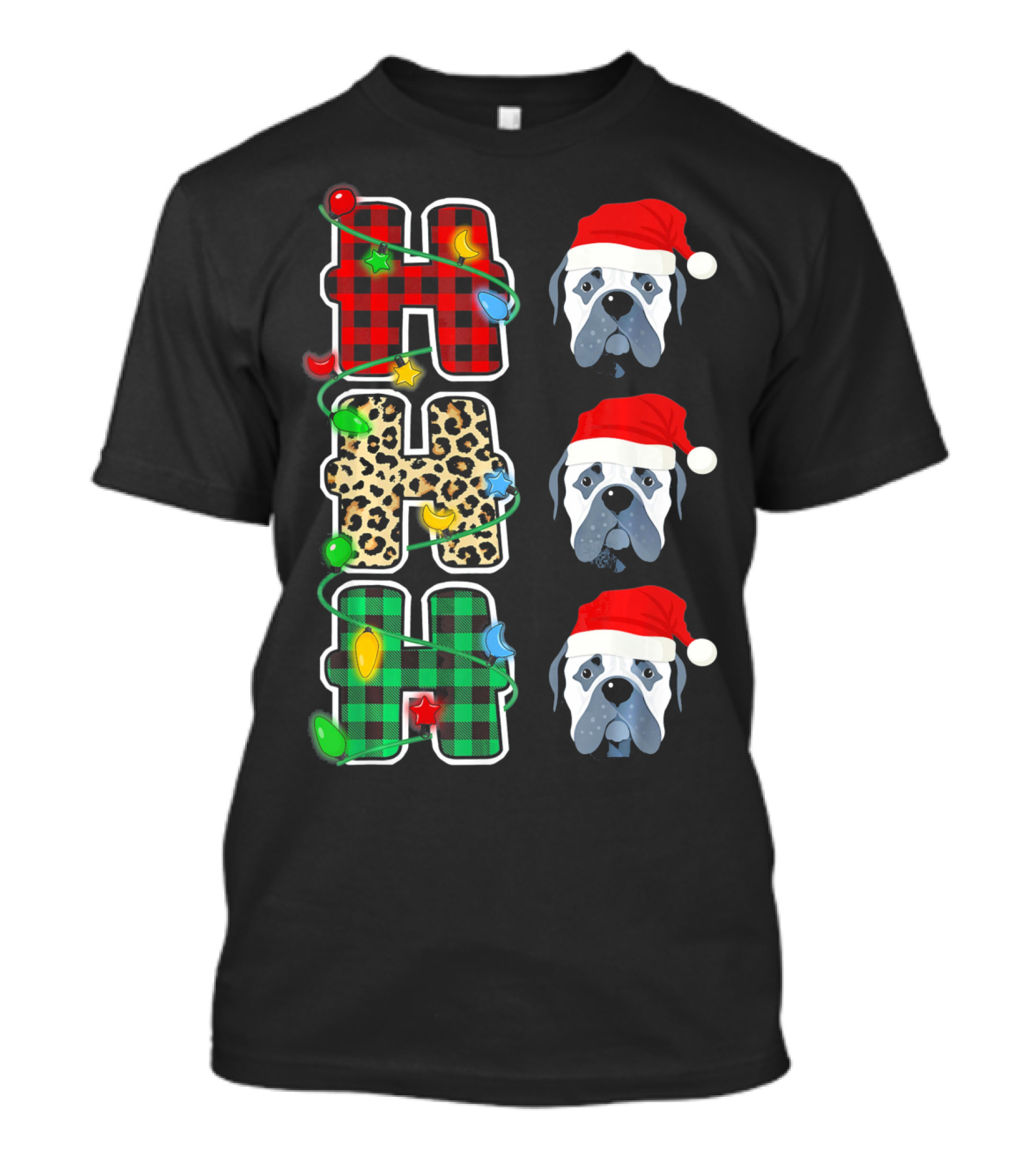 HO HO HO Santa Hat Bullmastiff Plaid Leopard Lights T-Shirt