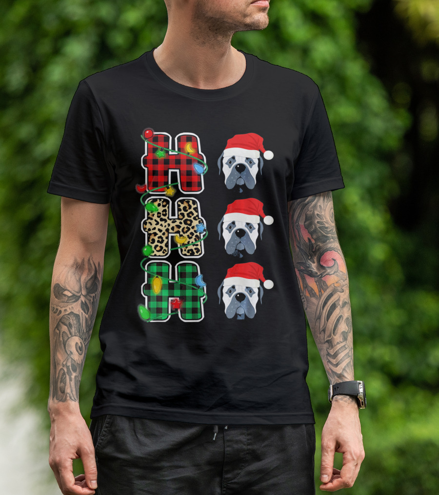 HO HO HO Santa Hat Bullmastiff Plaid Leopard Lights T-Shirt