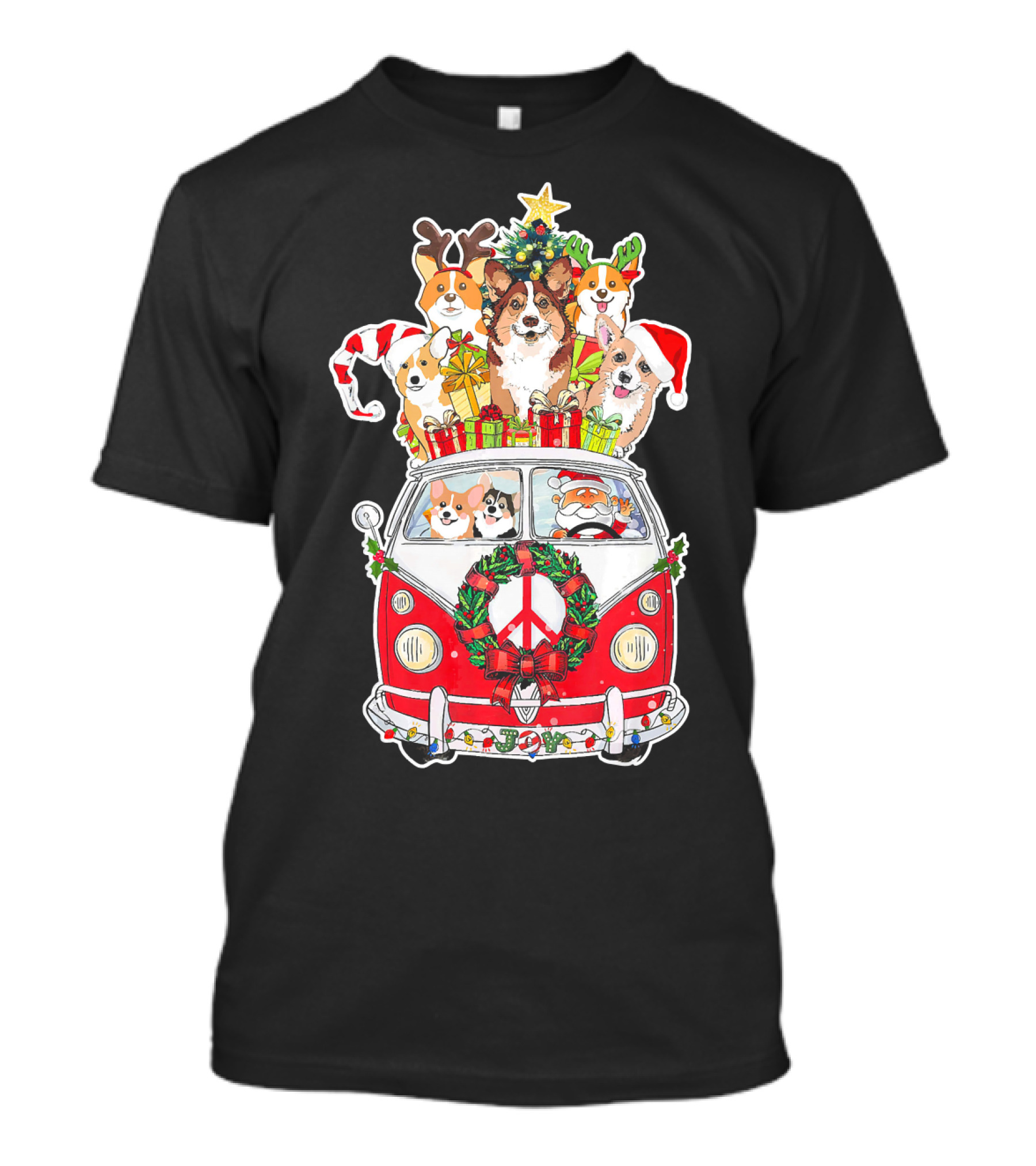 Funny Corgi Christmas Tree Santa Joy Van Holiday Peace T-Shirt