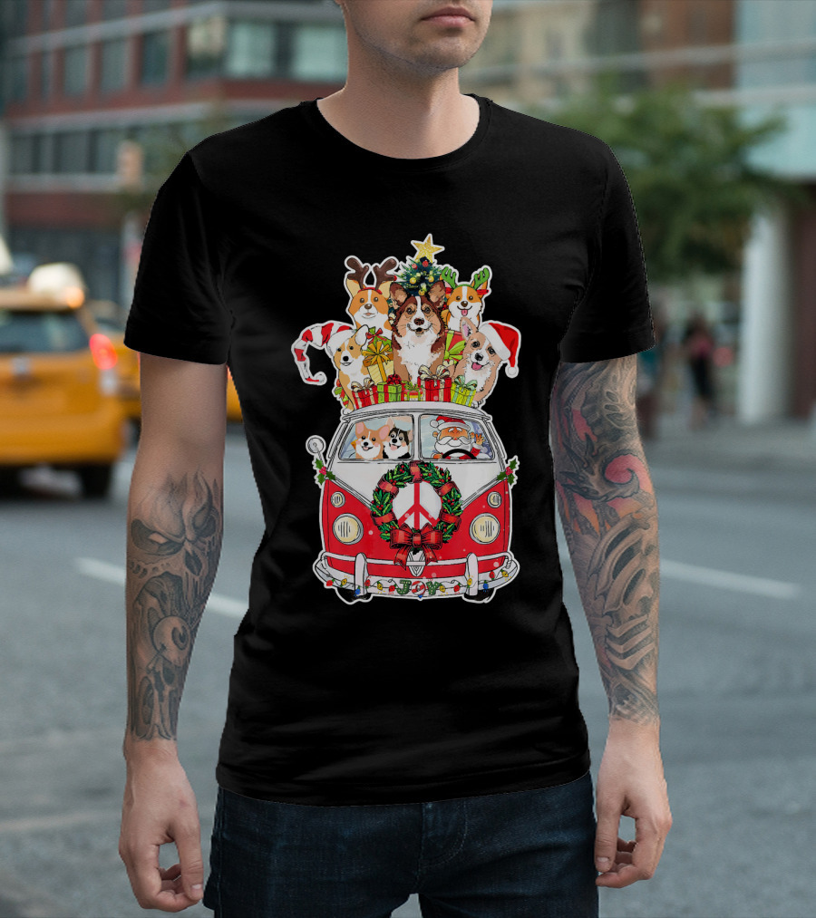 Funny Corgi Christmas Tree Santa Joy Van Holiday Peace T-Shirt