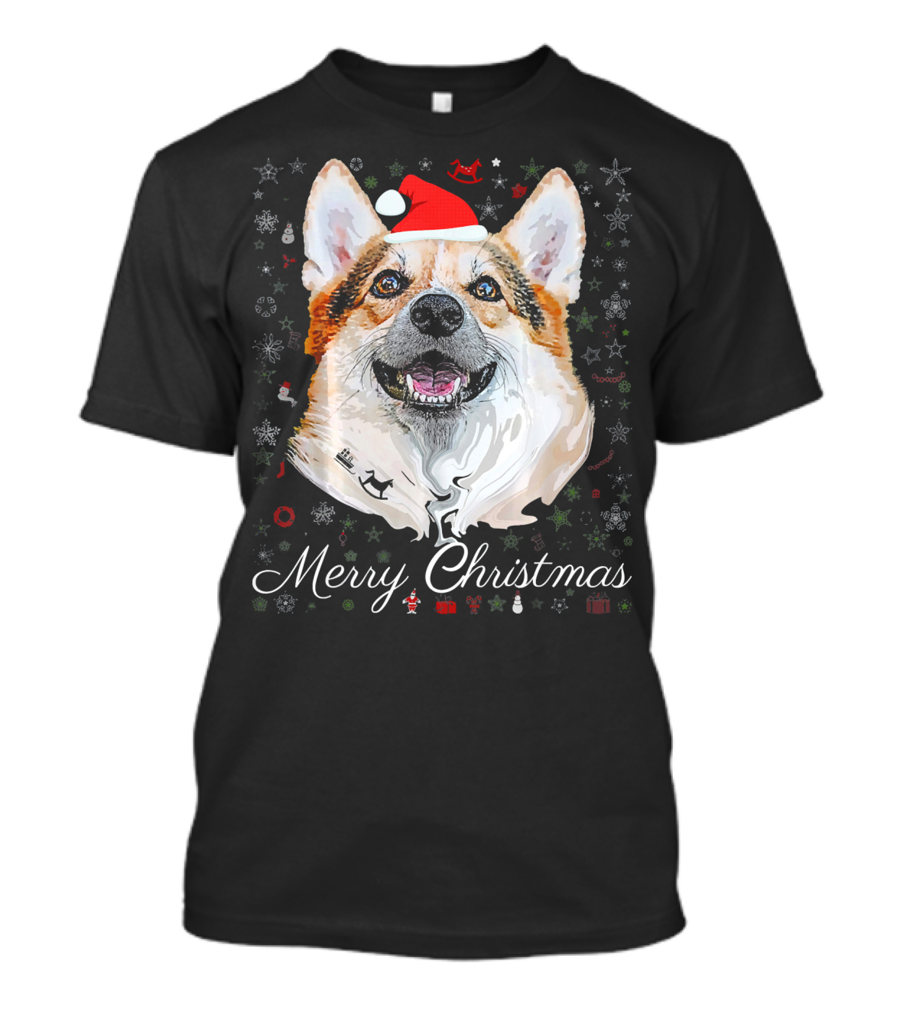 Merry Christmas Corgi Santa Dog With Snowflakes And Gifts T-Shirt