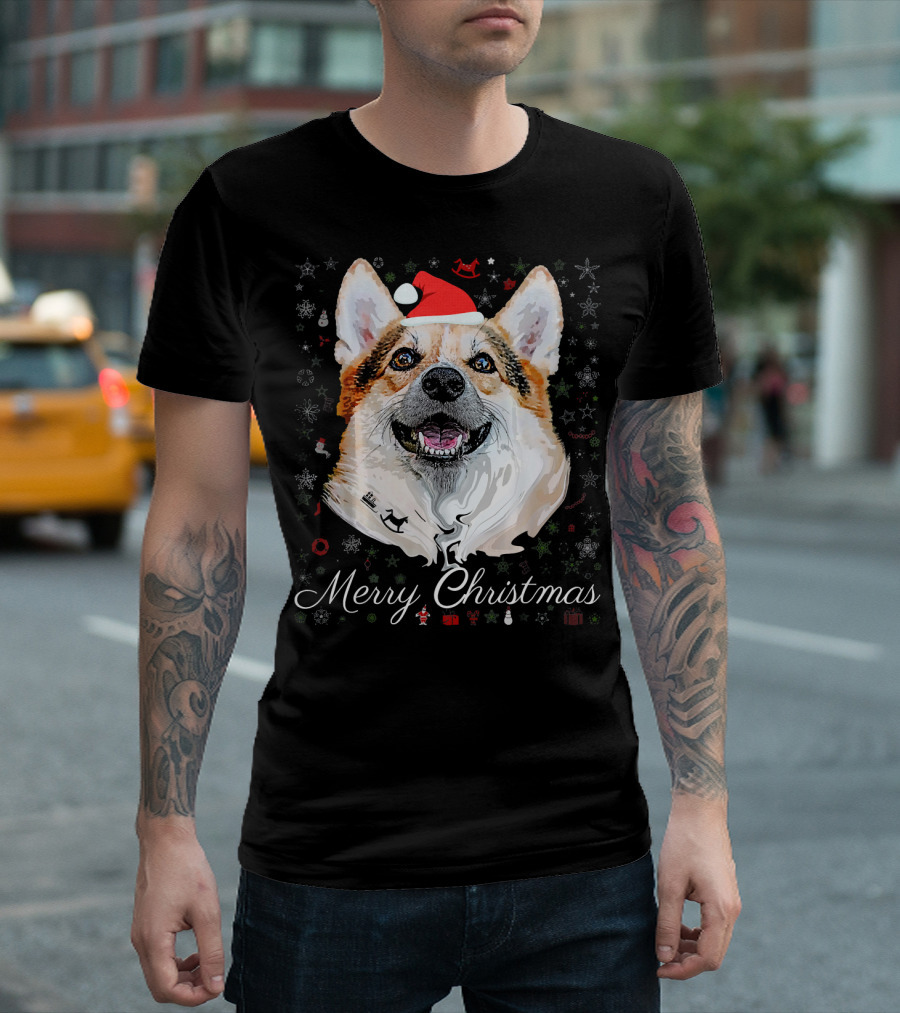 Merry Christmas Corgi Santa Dog With Snowflakes And Gifts T-Shirt