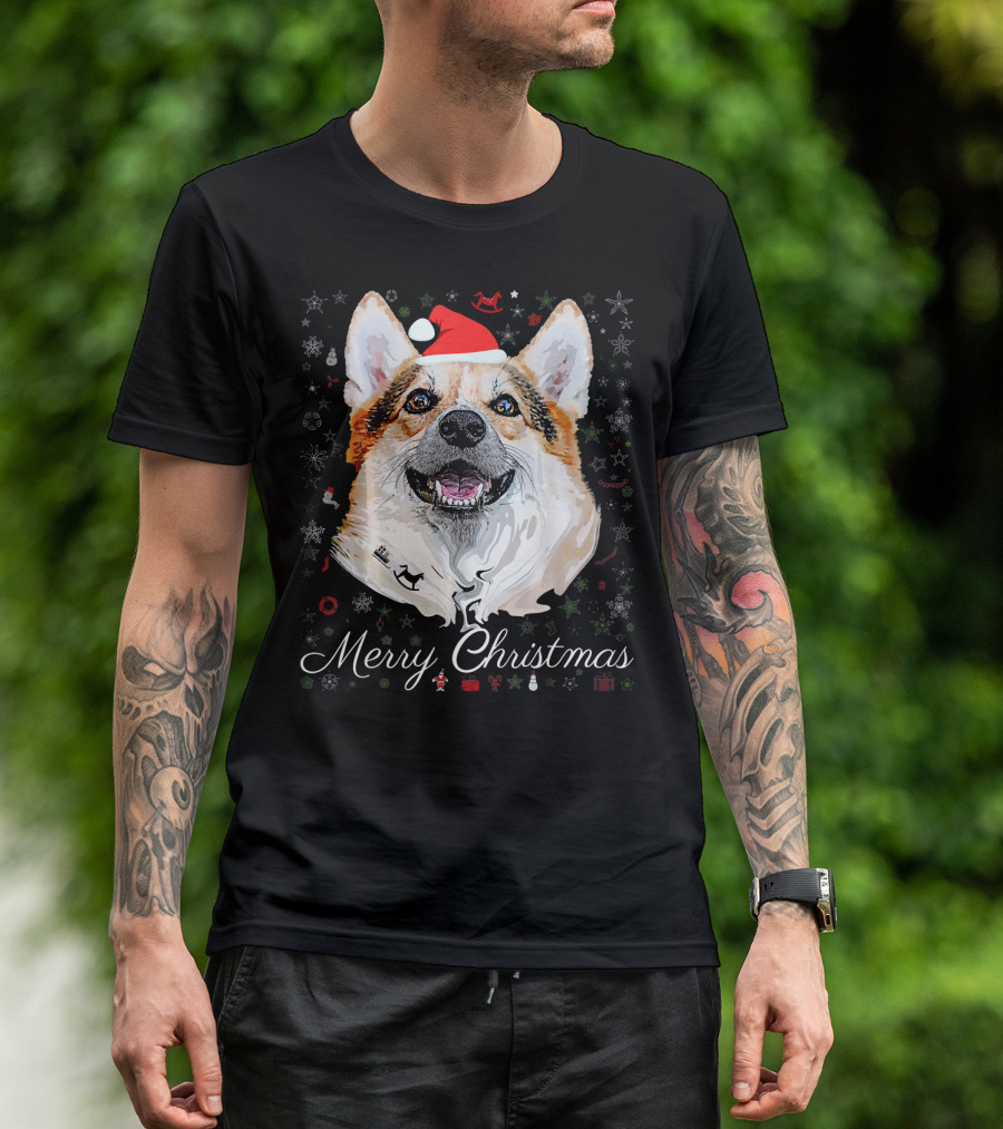 Merry Christmas Corgi Santa Dog With Snowflakes And Gifts T-Shirt
