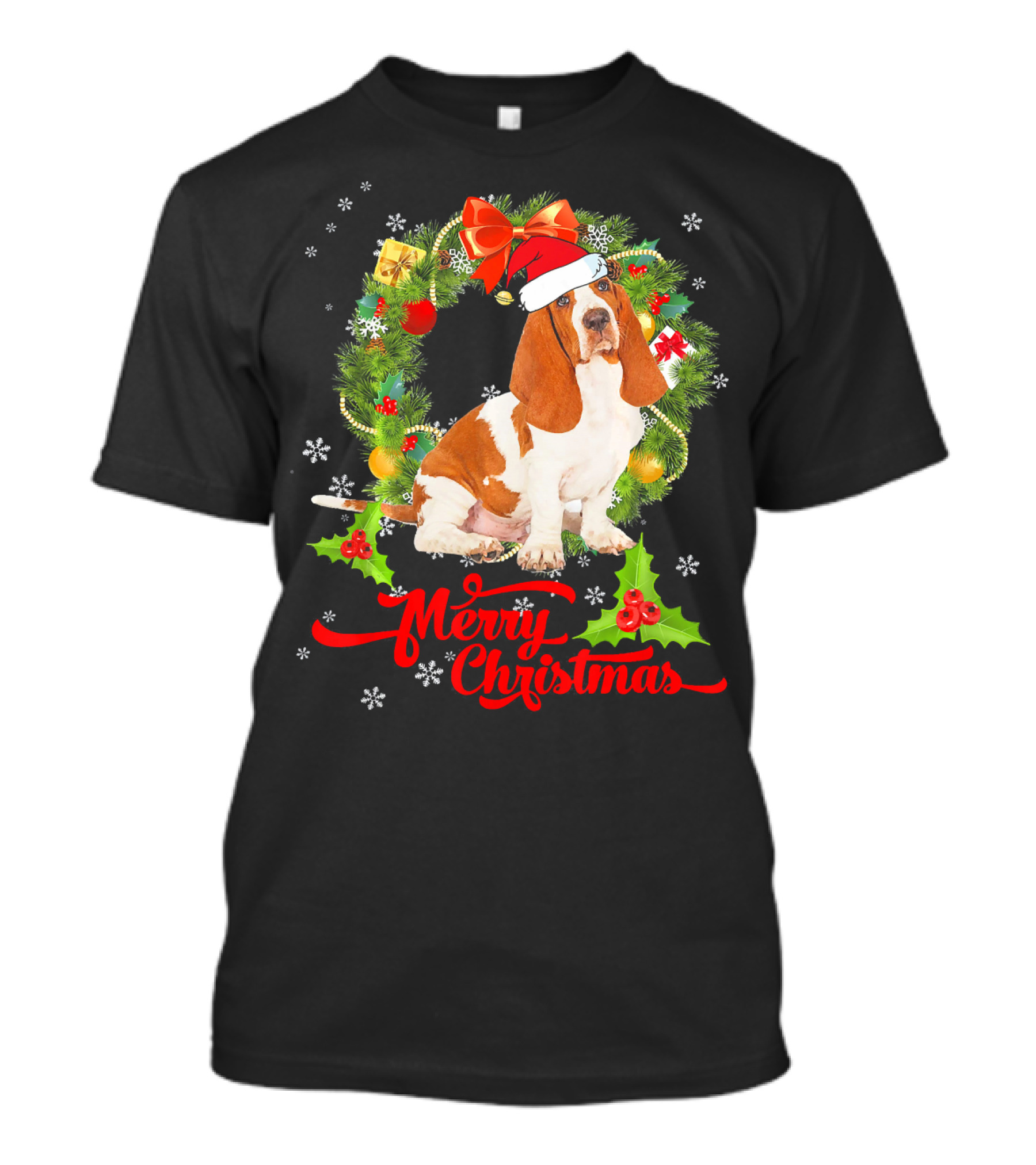 Funny Basset Hound Merry Christmas Santa Hat Wreath Bow Gift T-Shirt