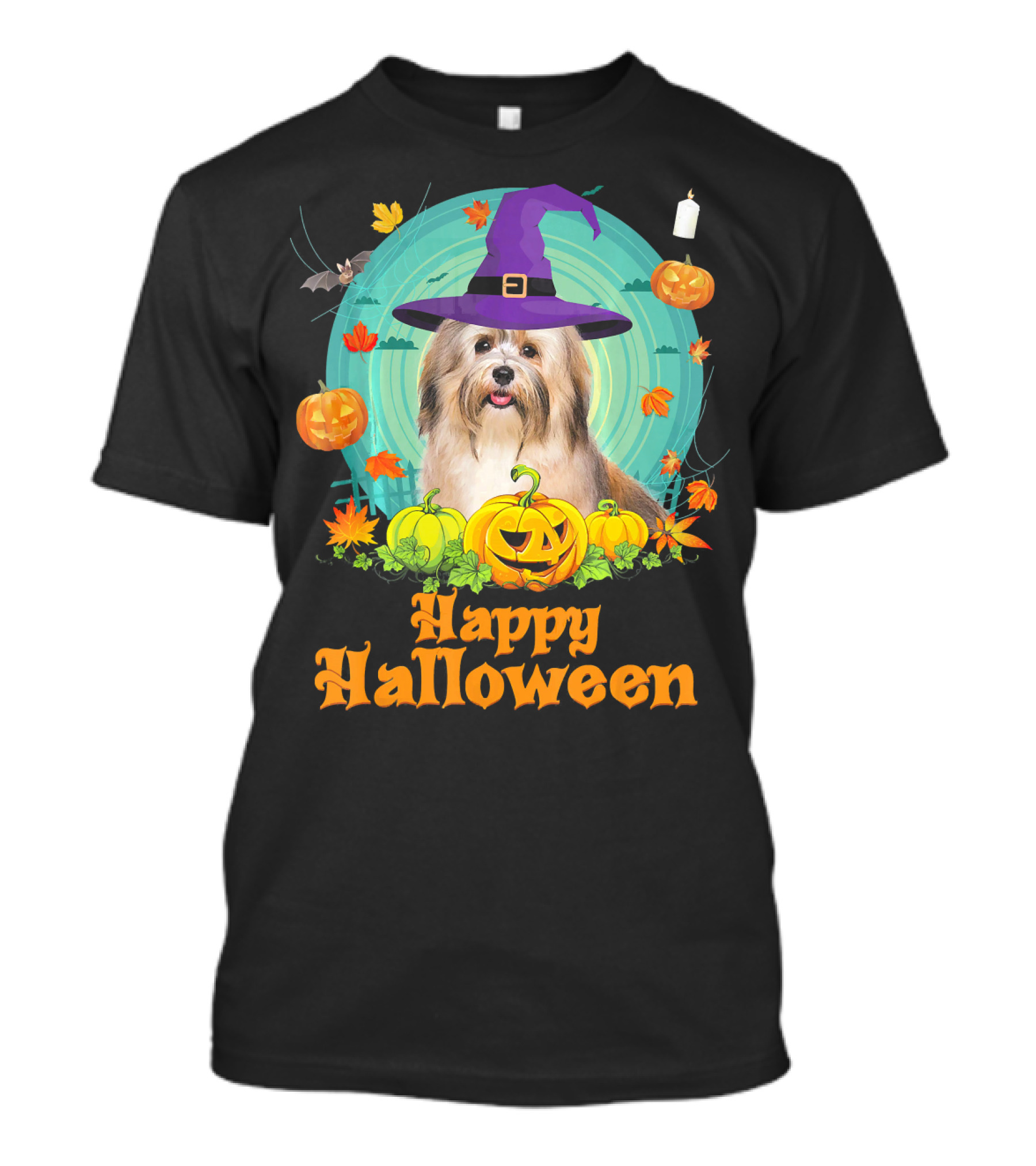Happy Halloween Havanese Dog Witch Pumpkin Hat Candles T-Shirt