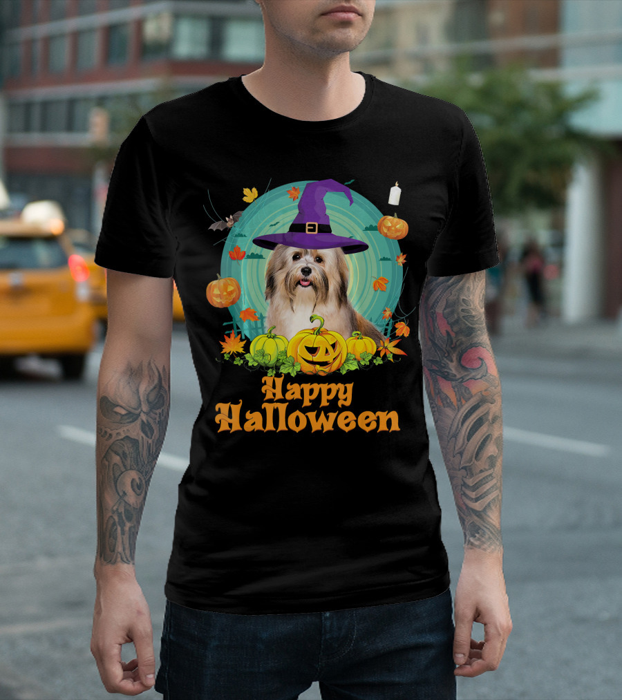 Happy Halloween Havanese Dog Witch Pumpkin Hat Candles T-Shirt
