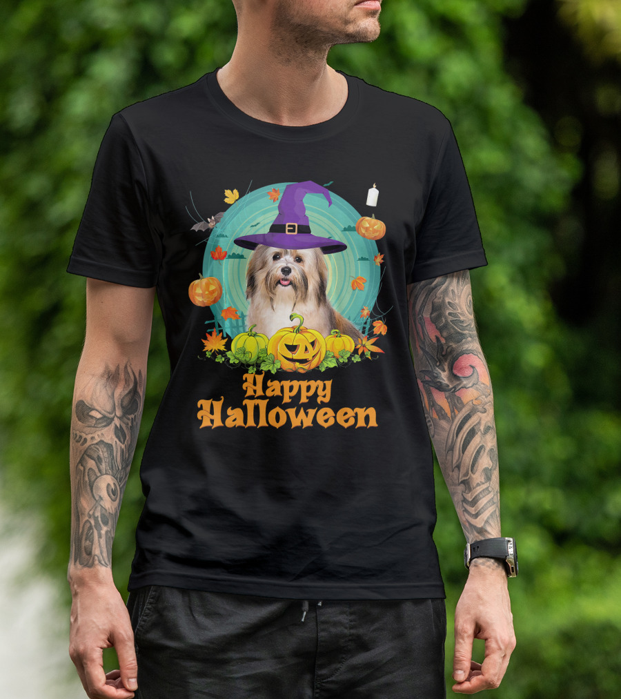 Happy Halloween Havanese Dog Witch Pumpkin Hat Candles T-Shirt