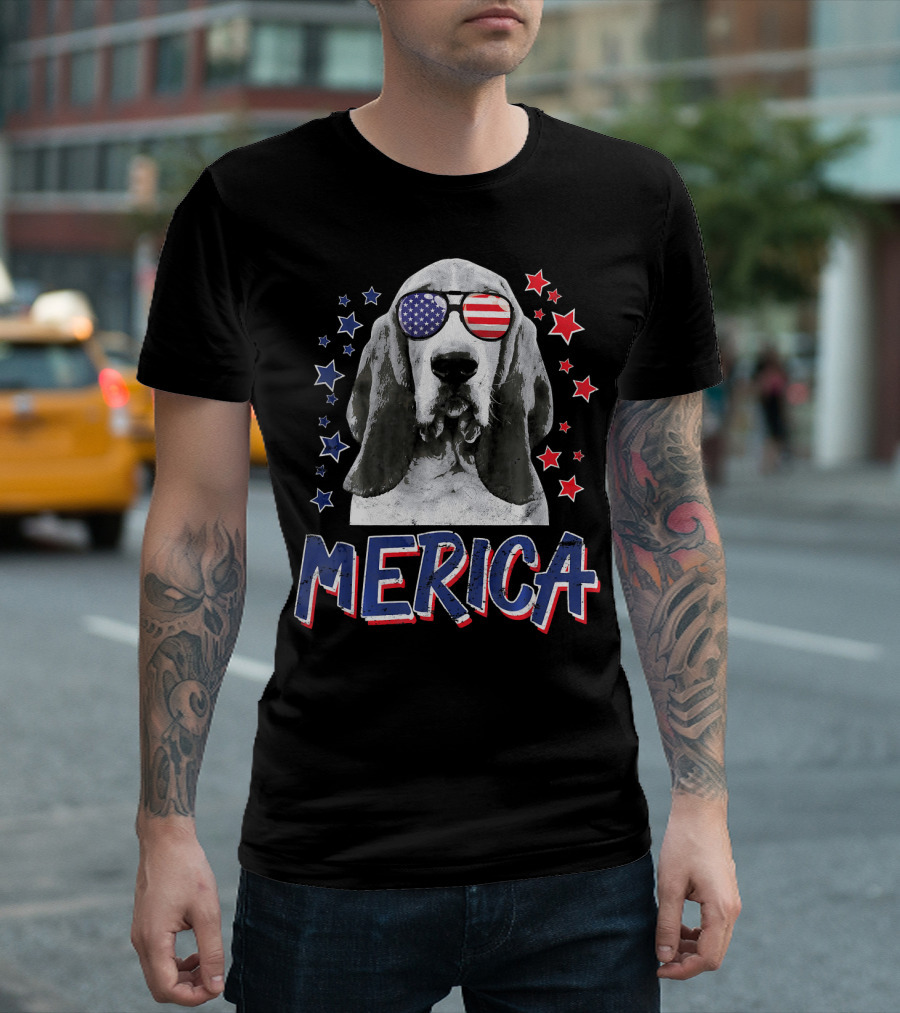Merica Basset Hound USA Flag Glasses Stars 4th Of July T-Shirt