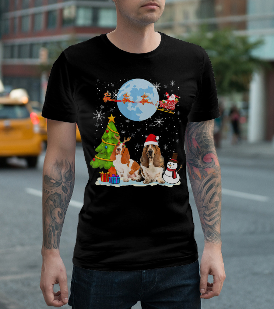 Basset Hound Christmas Santa Reindeer Moon Snowman Tree T-Shirt
