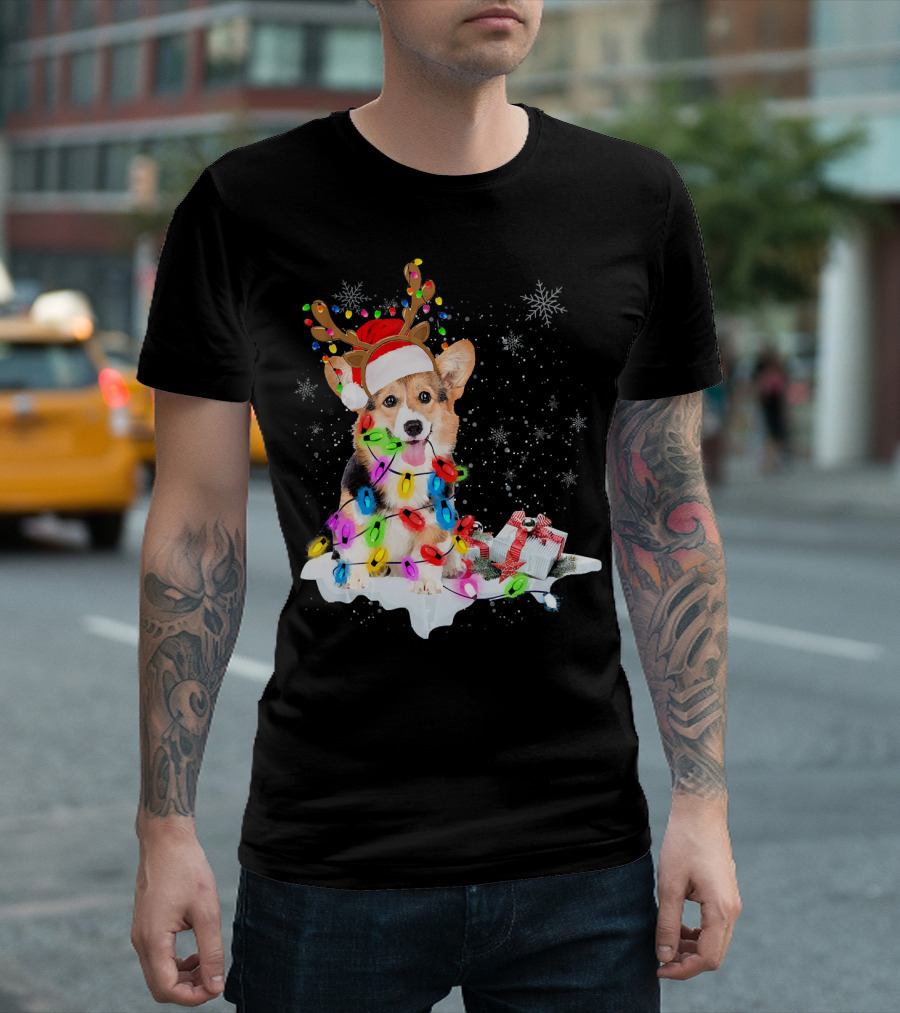 Funny Corgi Dog Christmas Reindeer Festive Holiday Lights Snowflakes T-Shirt