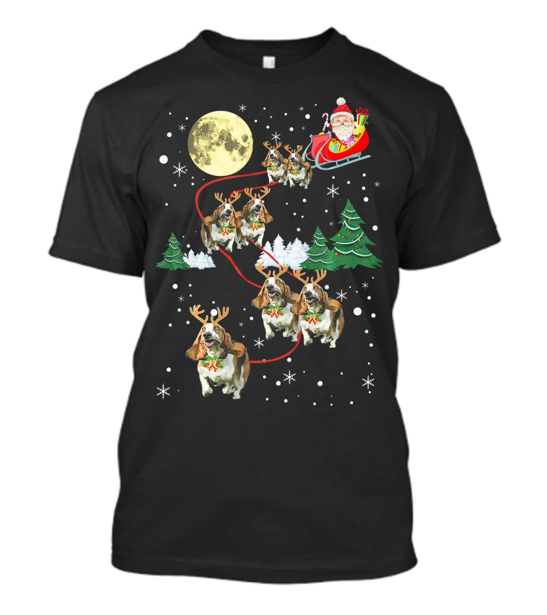 Santa Sleigh With Reindeer Basset Hound And Full Moon T-Shirt