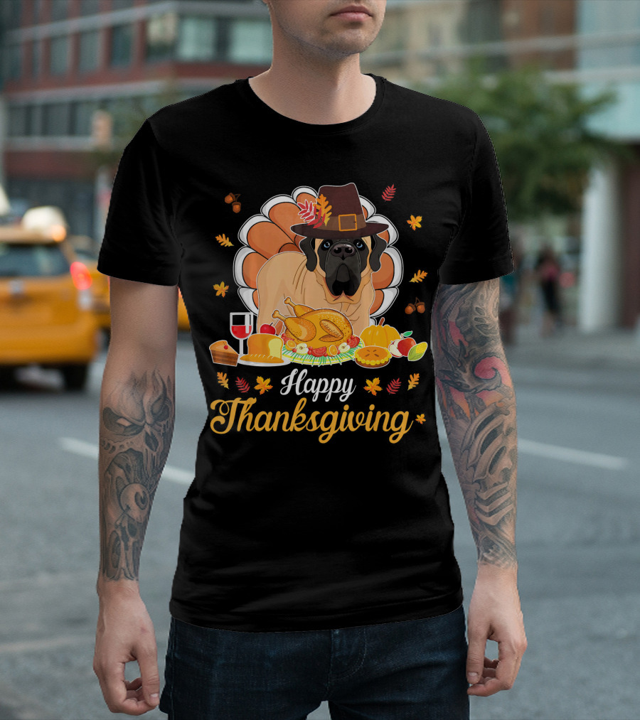 Happy Thanksgiving English Mastiff Pilgrim with Turkey Dish and Wine T-Shirt