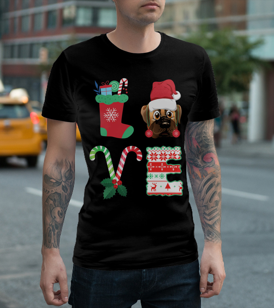 I Love My BullMastiff Christmas Santa Hat Stocking Candy Cane T-Shirt