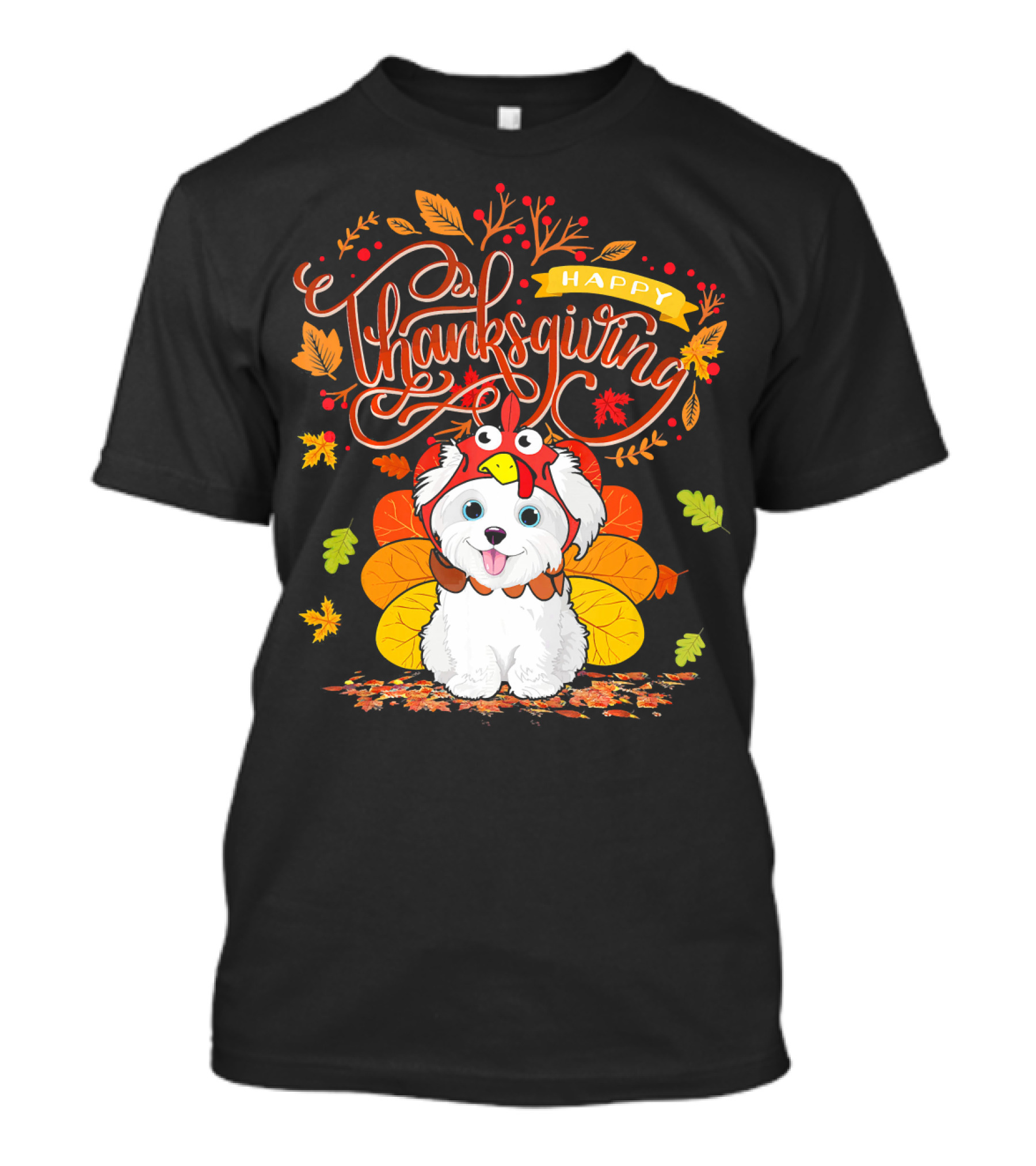 Happy Thanksgiving Havanese Wearing Turkey Hat Autumn Leaves T-Shirt