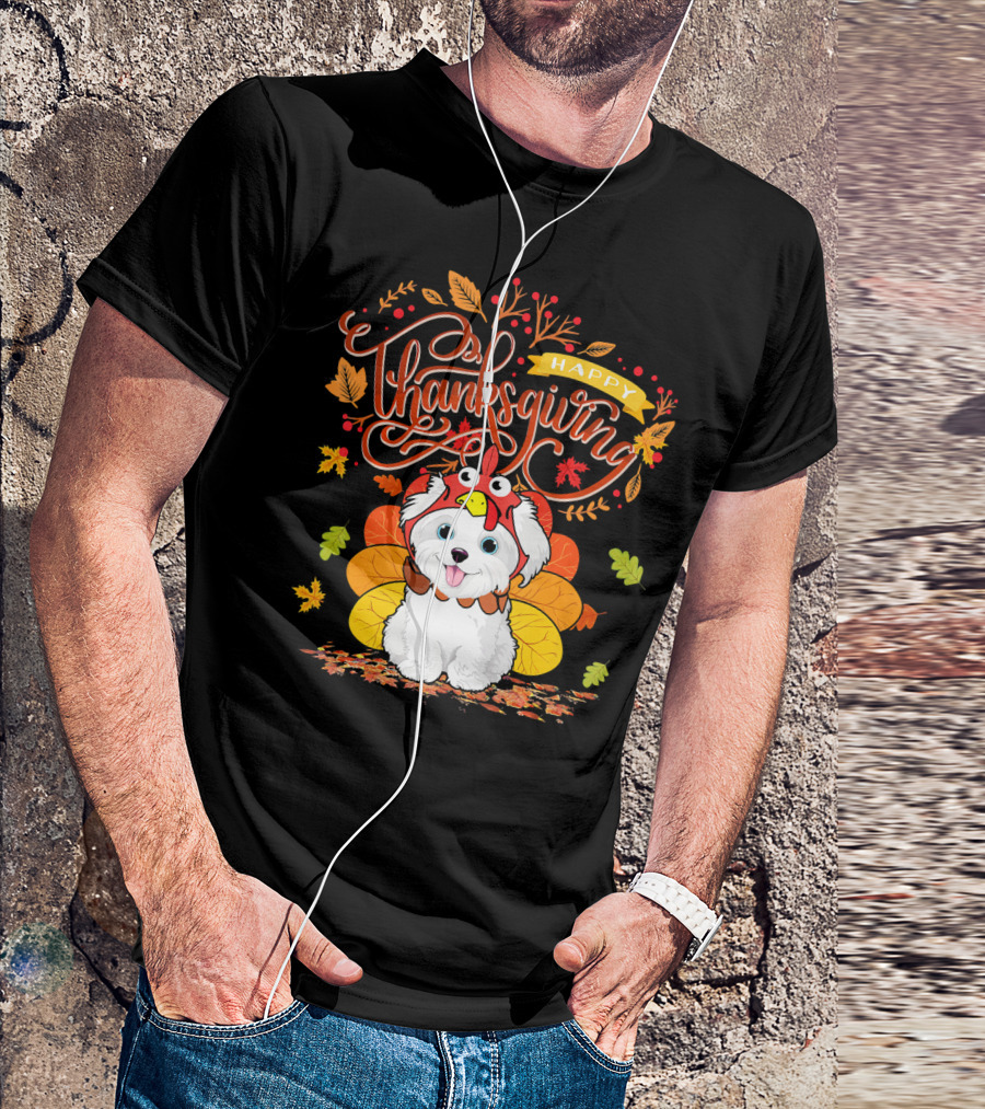 Happy Thanksgiving Havanese Wearing Turkey Hat Autumn Leaves T-Shirt