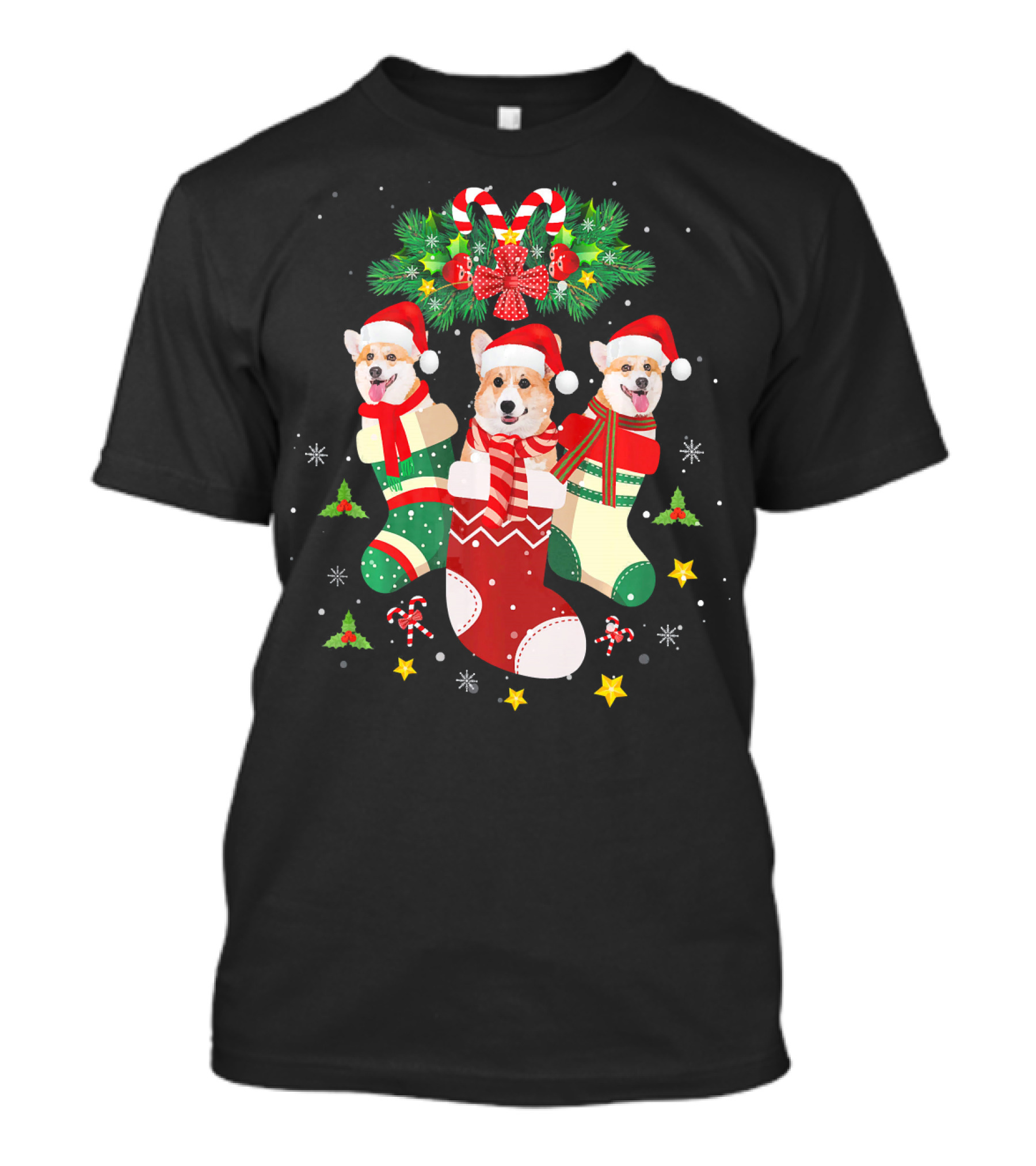 Santa Corgis In Christmas Stockings With Candy Cane Decorations T-Shirt