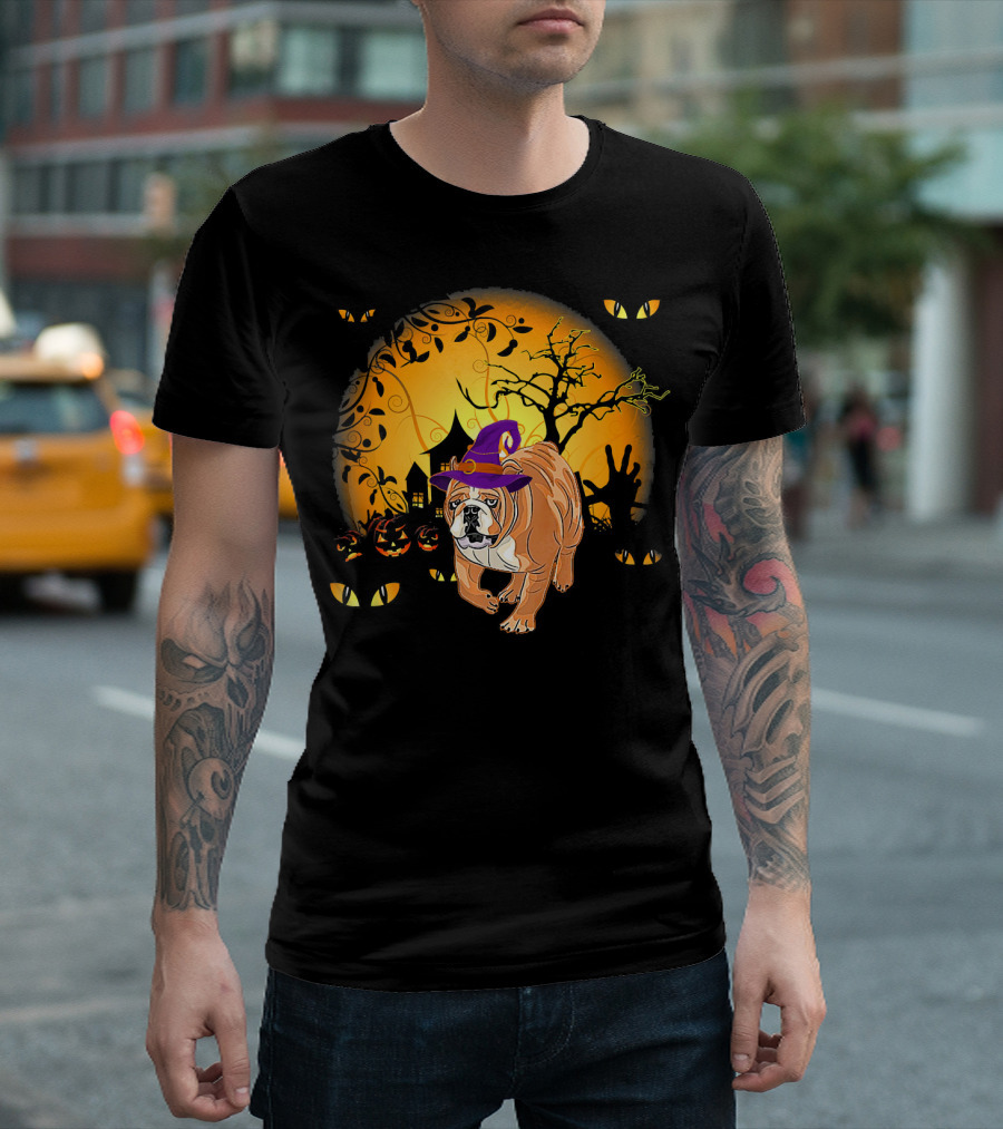 Halloween Witch English Mastiff with Haunted House and Pumpkins T-Shirt