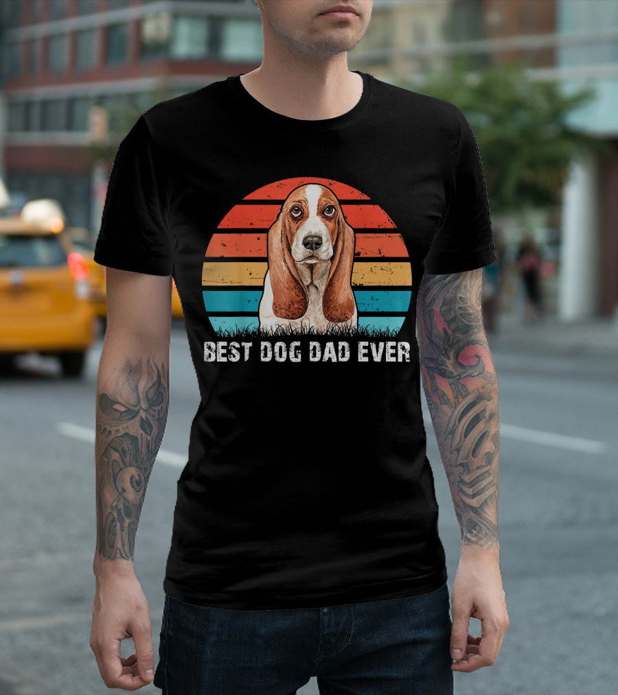 Best Dog Dad Ever Cute Basset Hound Retro Stripes T-Shirt