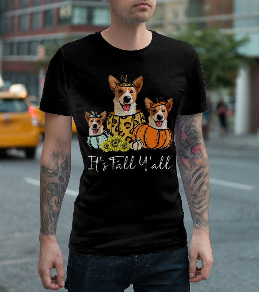 It's Fall Y'all Corgi Dogs with Pumpkins and Sunflowers Thanksgiving Day T-Shirt