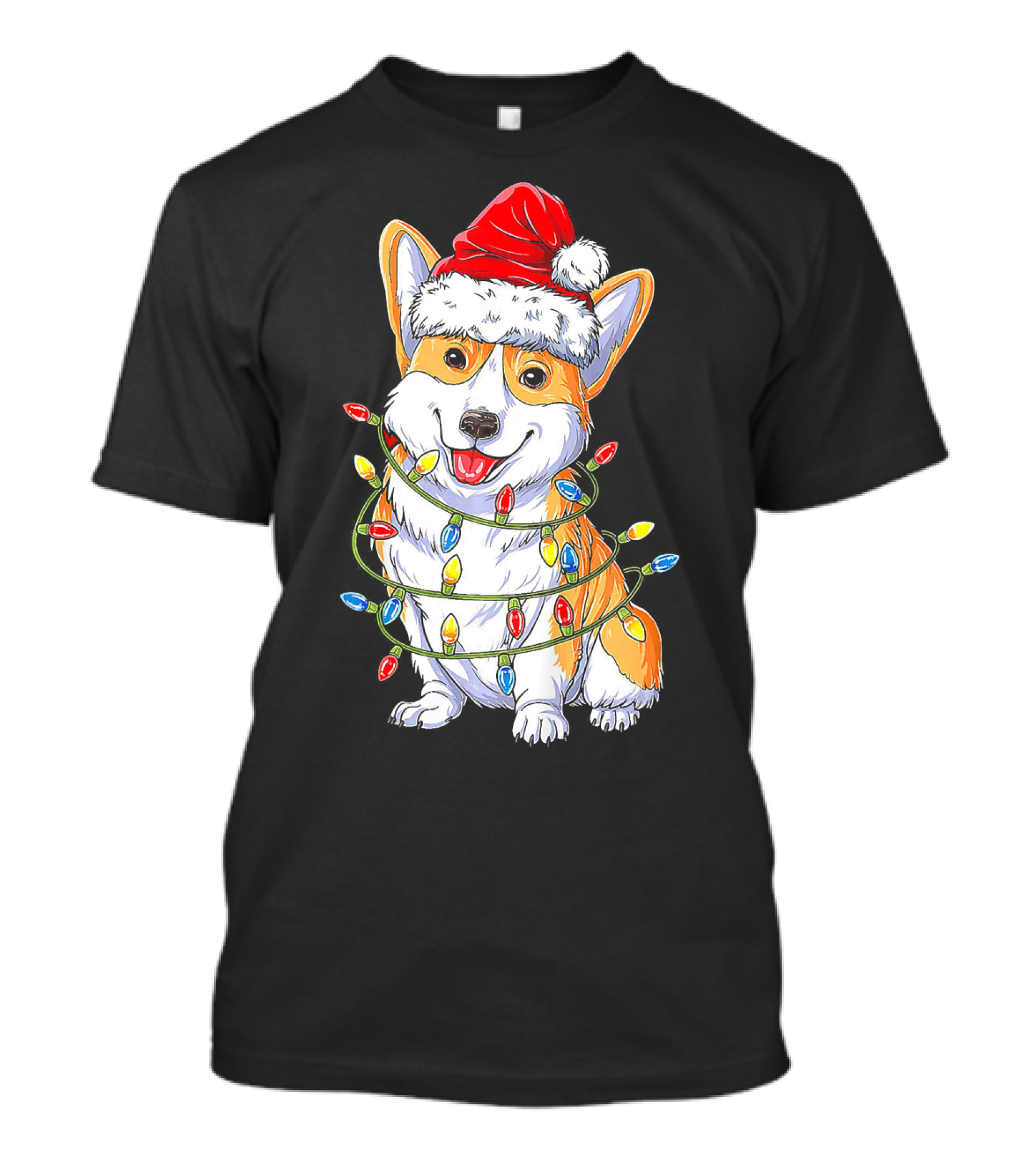 Funny Corgi Christmas Reindeer Santa Hat Lights T-Shirt