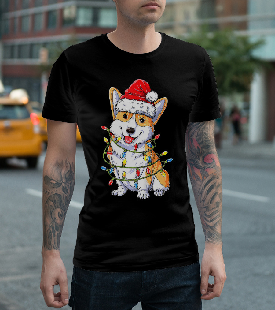 Funny Corgi Christmas Reindeer Santa Hat Lights T-Shirt