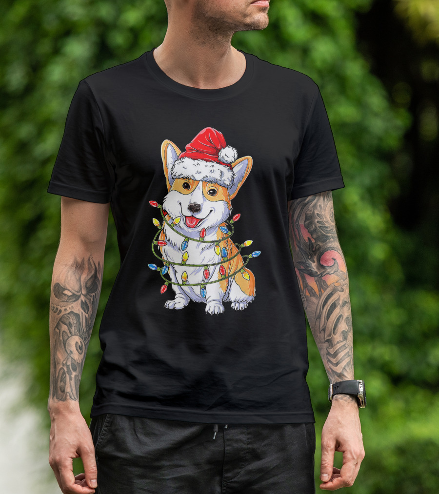 Funny Corgi Christmas Reindeer Santa Hat Lights T-Shirt